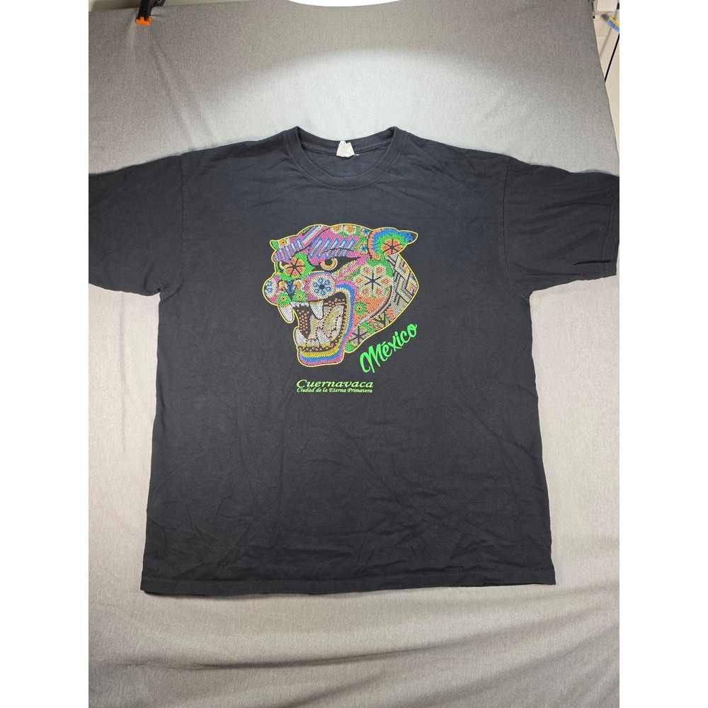 Yazbek Mens XL Mexico Cuernavaca Jaguar Huichol Art T-Shirt Black Cotton Tee Y2K